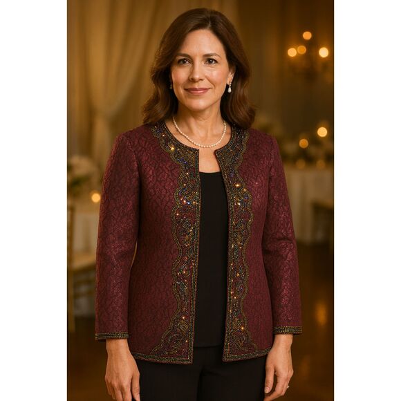Chico’s Jacket M Purple Jacquard Damask Beaded Open Front Dressy Evening Formal* - Picture 1 of 9